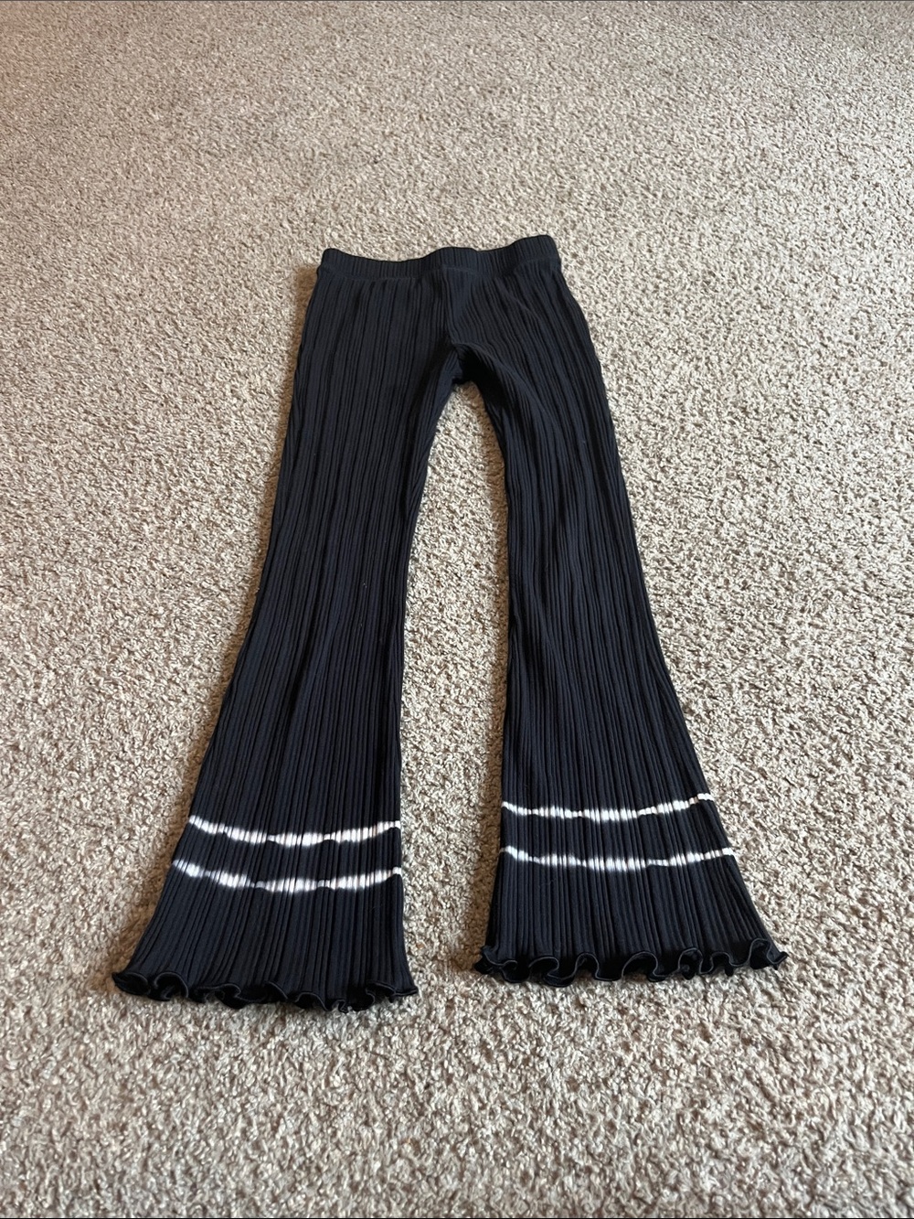 Old Navy Black Ribbed Flare Leggings with White Hem Stripes